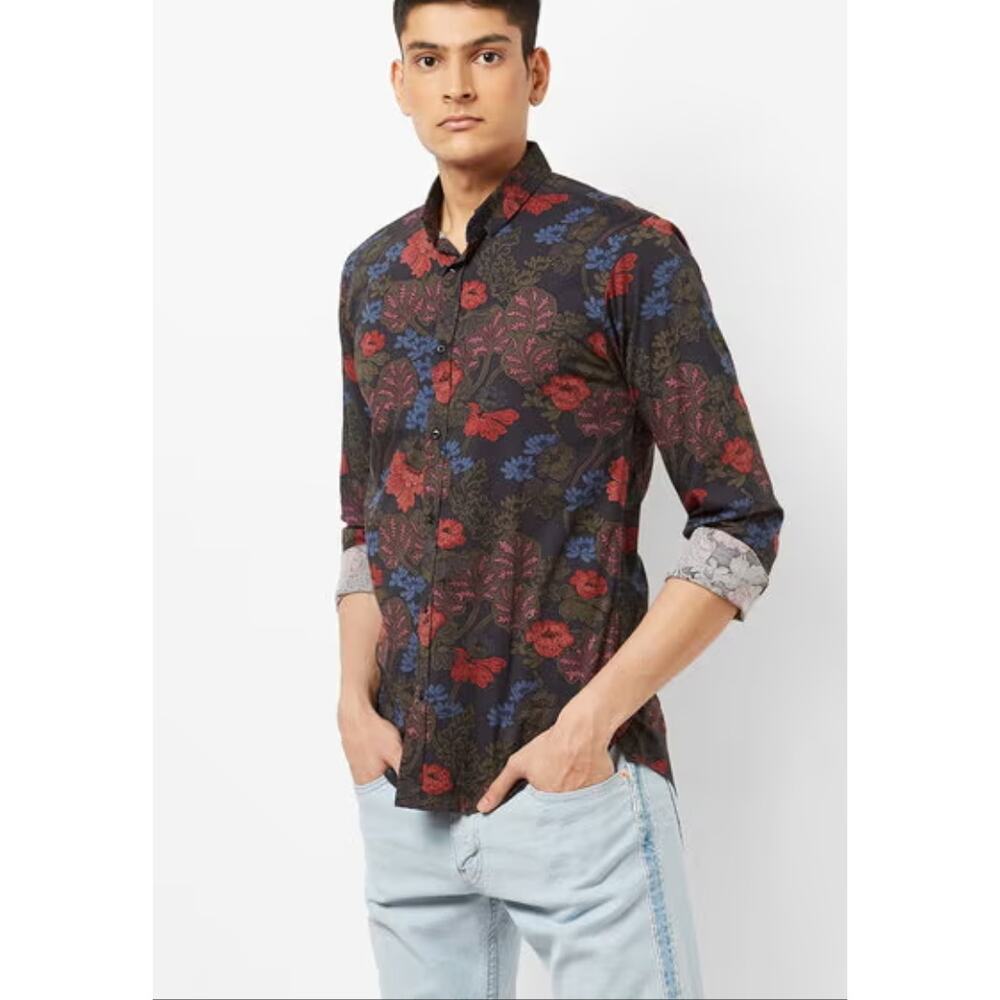 SCOTCH & SODA Men's Floral Print Cotton Shirt L Curved Hem Button Front